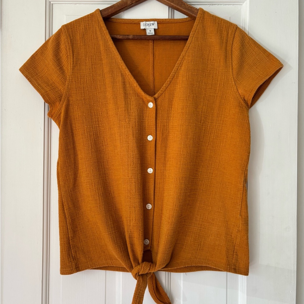 J. Crew Factory Textured Tie-Front Button Top in mustard yellow